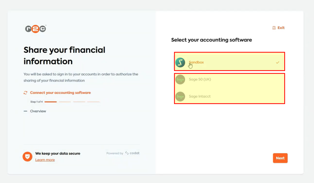 Step 2 – Select the accounts package you wish to link to then click Next.