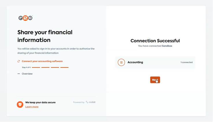 Step 5 – Once the connection has been established click Next and Finish to return to the r2c portal.