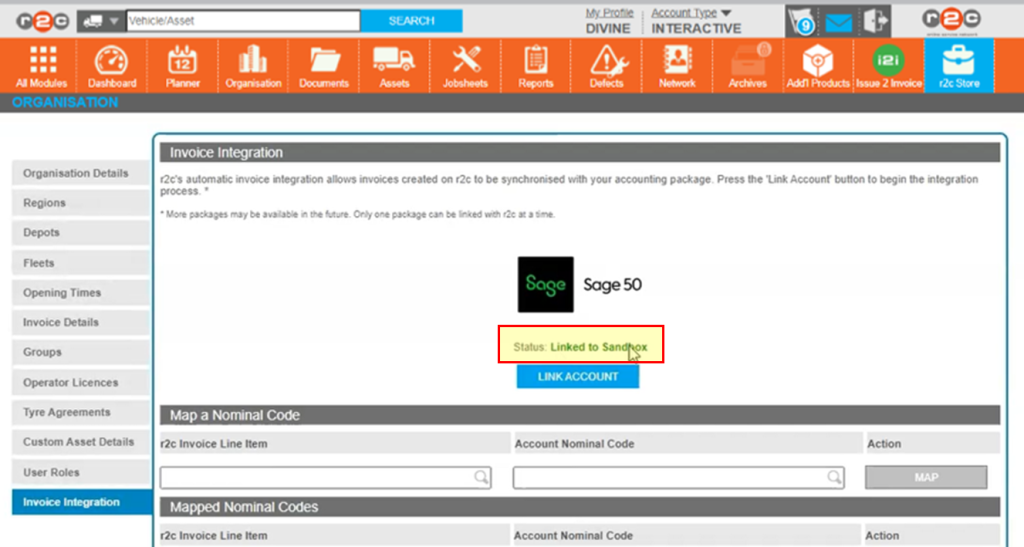 Step 6 – The status on the Invoice Integration tab will now read as linked, and the mapping fields visible.