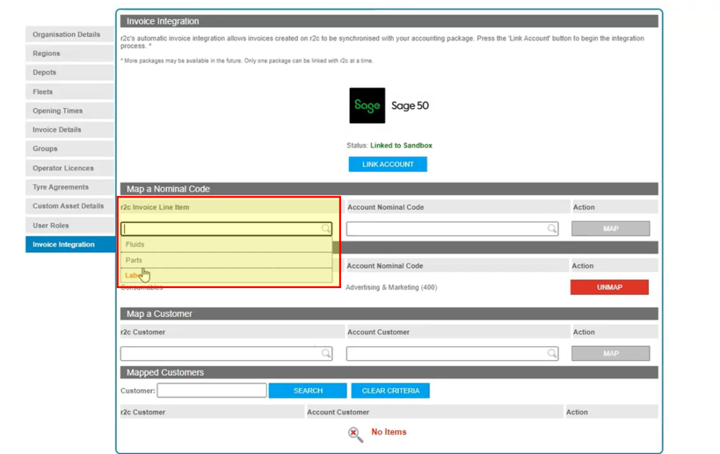 Step 1 – To begin mapping the nominal codes, first select the r2c Invoice Line Item field and select an option from the drop-down list.