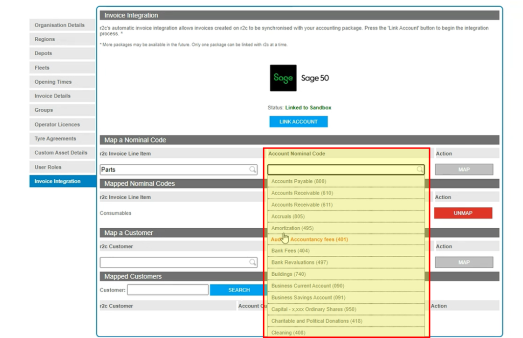 Step 2 – The equivalent account package nominal code can now be selected from the Account Nominal Code field drop down list before clicking MAP.
