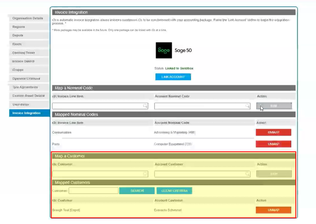 Step 4 – Mapping customers is carried out in the same way as mapping nominal codes, the mapped customer area also provides the additional functionality of being able to search mapped customers.