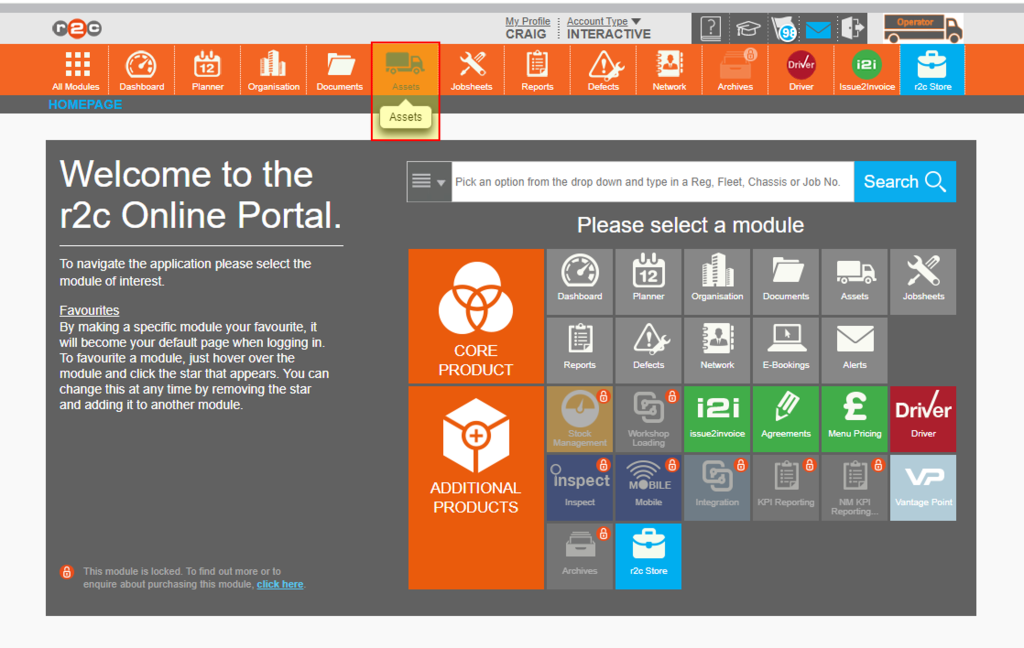 1. To review the current asset list, click on Assets from the header bar.