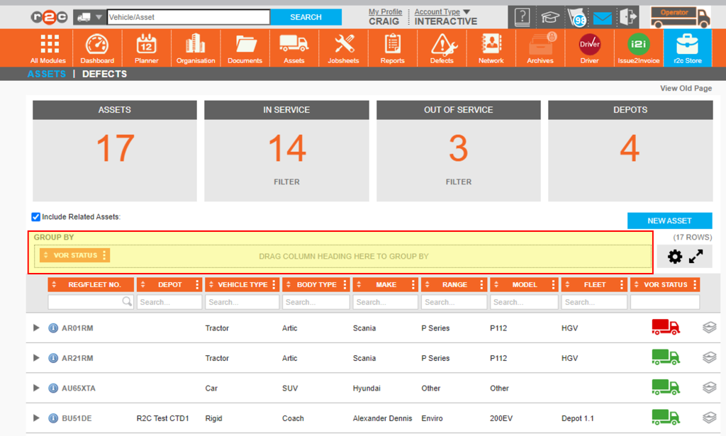 2. Now click and drag the VOR heading into the ‘GROUP BY’ section to filter the assets.