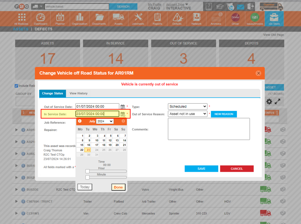 2. Click the calendar icon in the in-service date field to choose a date.