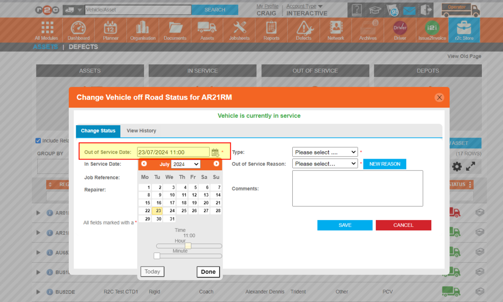 2. Click the calendar icon to select an ‘out-of-service’ date.