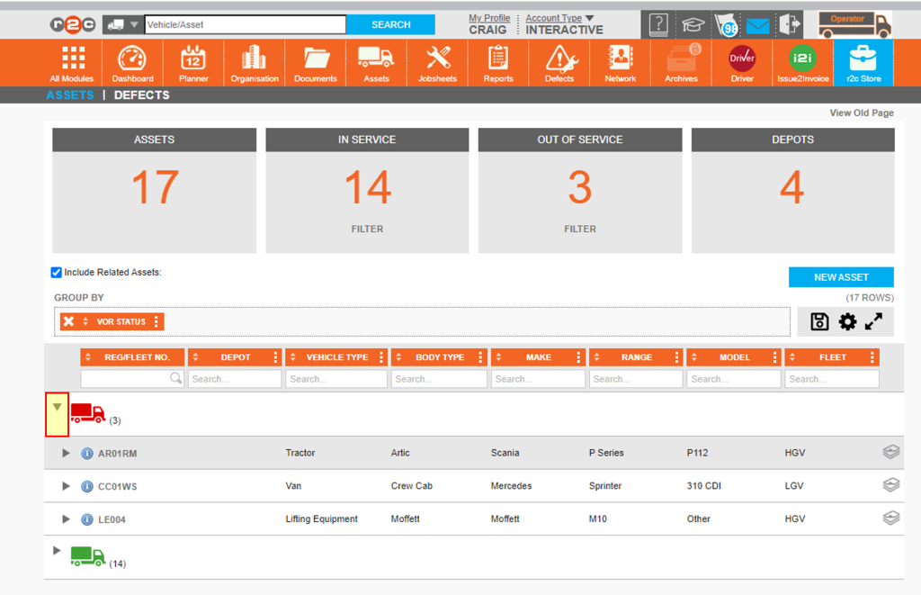 3. The assets are now shown as grouped by VOR status. You can then expand the list by VOR Status by clicking the grey arrow.