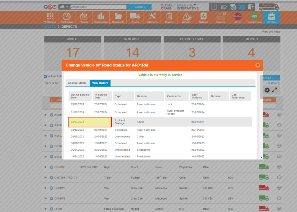 4. If you find that a record has not updated, it is important to check the record history for any incomplete records. Click on a record and update it by adding an in-service date.