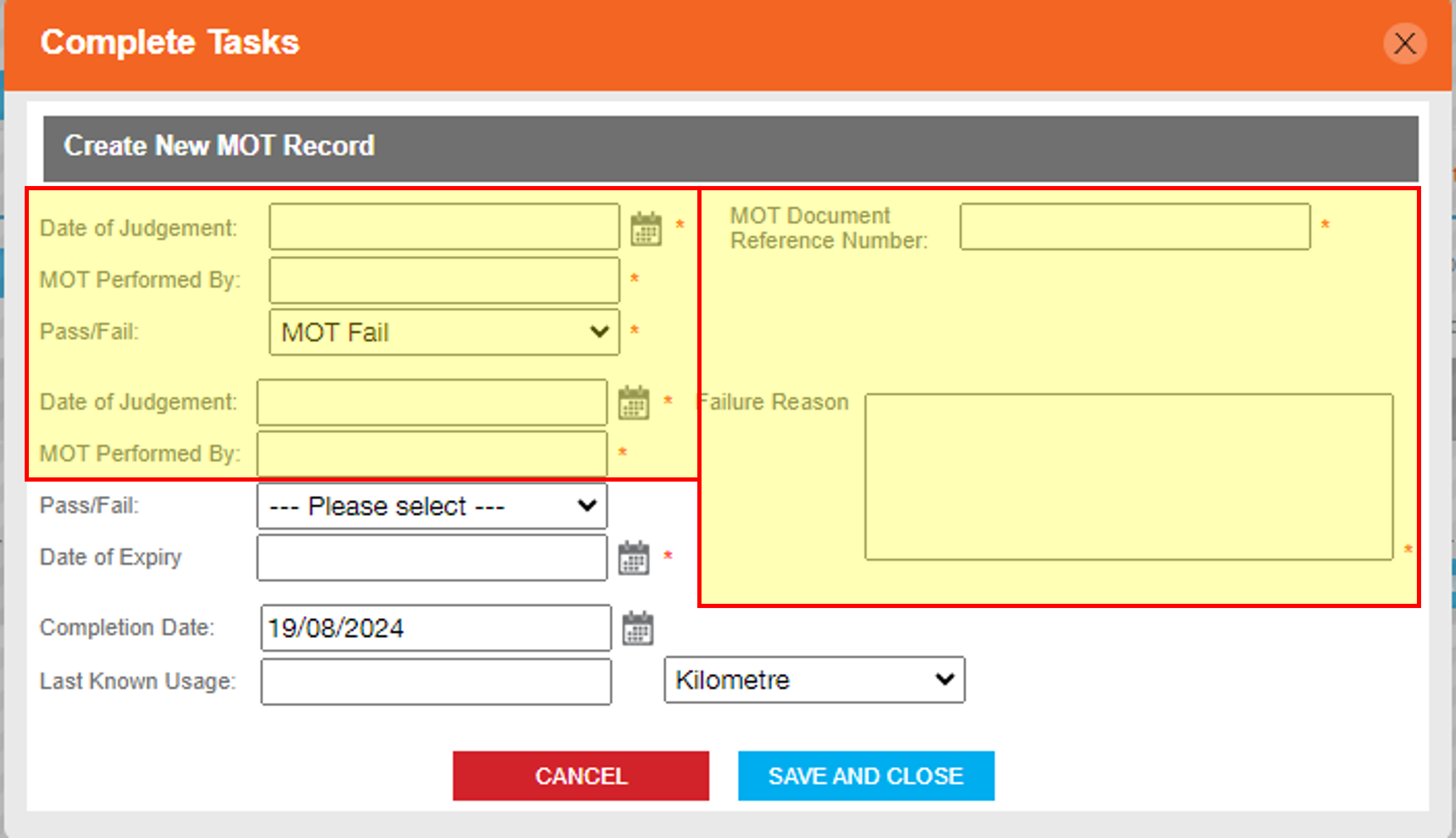 Fields to be completed when recording an MOT Fail