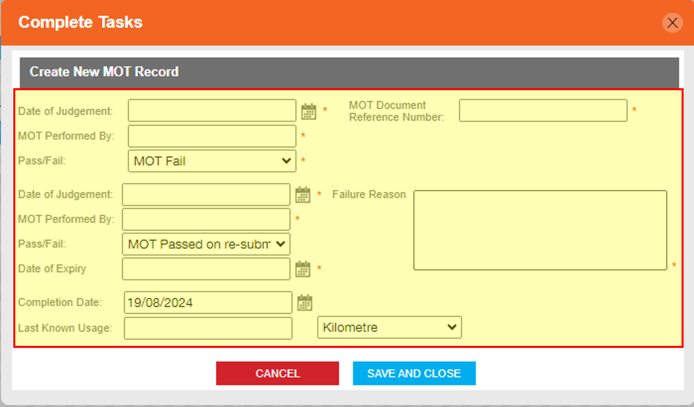 Fields to be completed when recording an MOT PRS
