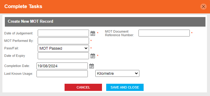 Fields to be completed when recording an MOT Pass