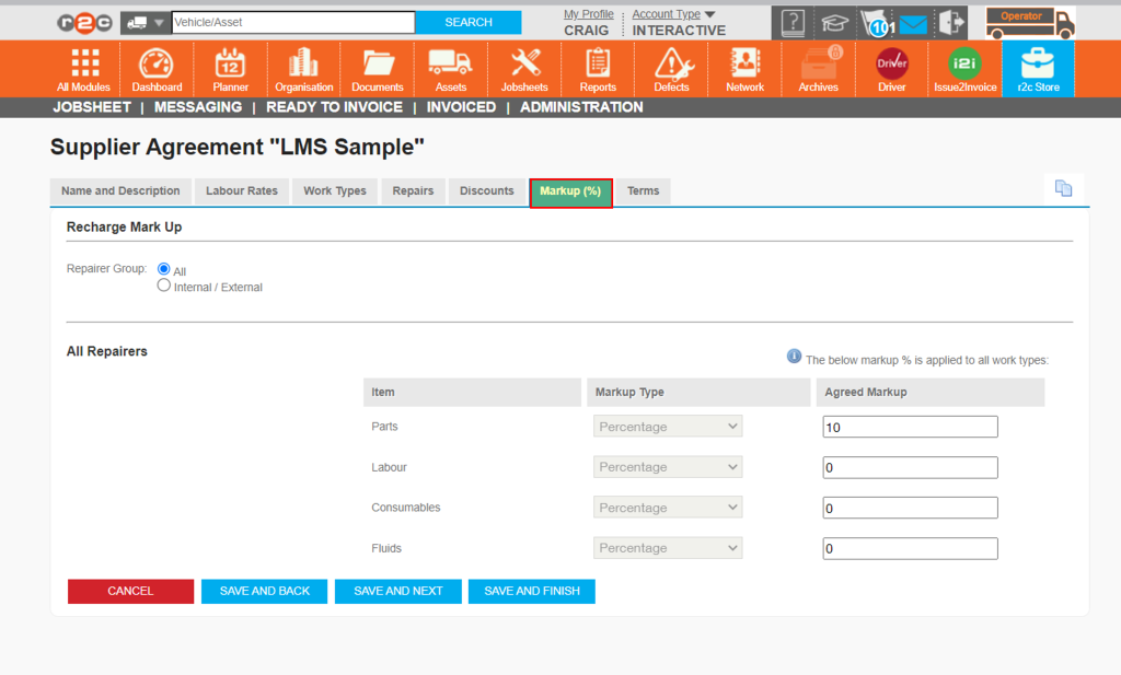 Mark up Tab - This can be used by R&M providers to add a mark up on recharge items.