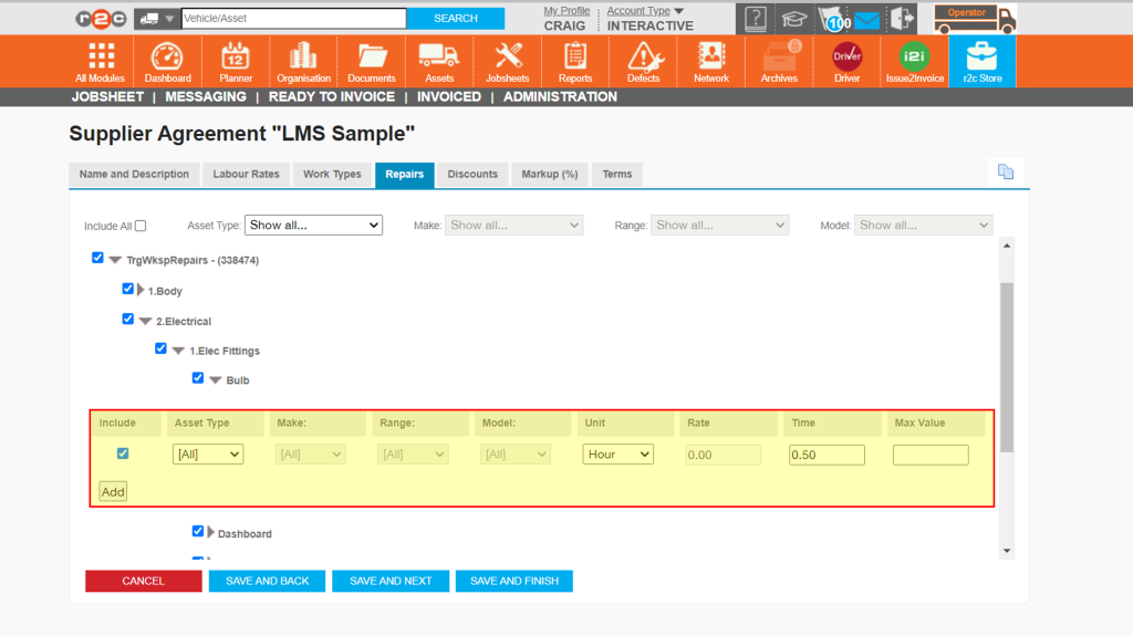 Step 4 - The repair tab also allows you to set hours, a Max value or a fixed fee. for specfic repair types in the same way.