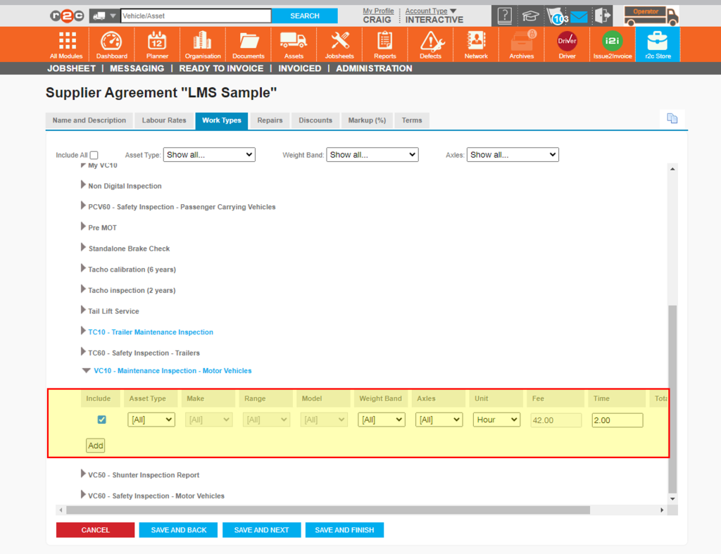 Step 1 - After clicking 'SAVE AND NEXT' on the Labour rates tab, you can move onto the Work Types Tab. Here you can select the items you want to include and add pricing for. You can enter the amount of hours taken for a specific Service/Inspection. Which will be used with the labour rates set previously.