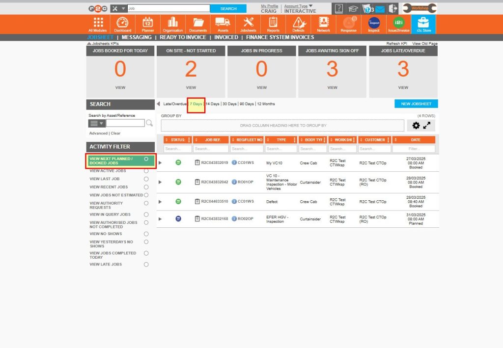 Step 1 – Start by clicking the ‘view/next’ planned filter and then choosing a date rang e.g. ‘7 days’