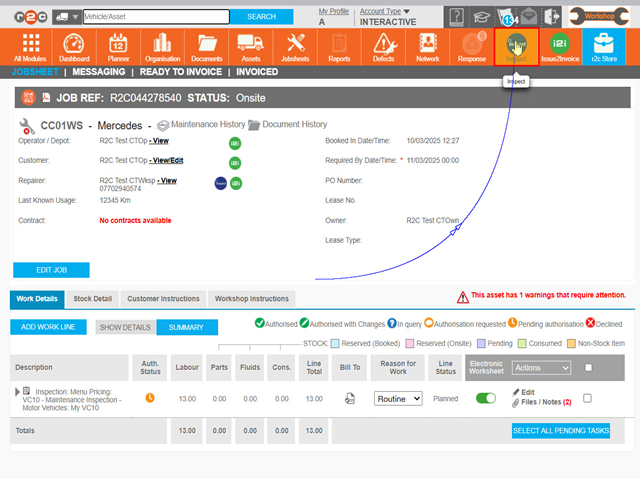 Step 9 – Click the Inspect icon to login to Inspect and complete the digital jobsheet.