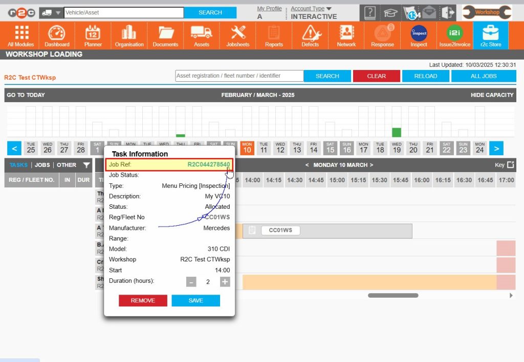 Step 3 –Start by clicking an item of work assigned to yourself. to view the details. Click on the r2c Job Reference to go to the jobsheet itself.