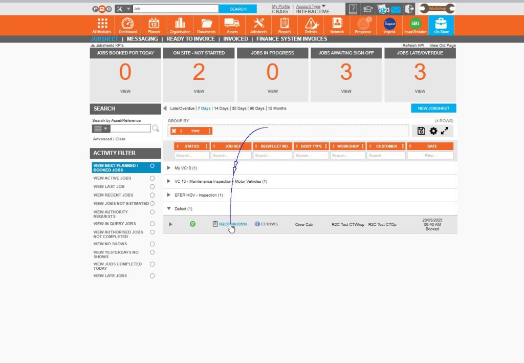 Slide 3 - Click on the arrow to expand the group, in this example there is one job with work type ‘defect’. Then click on the job number to open an individual jobsheet.