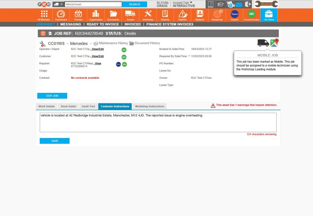 Step 4 - Once on the jobsheet, Mobile Technicians will see additional details to indicate the job location