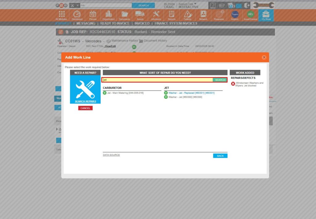 Step 5 – In the pop-up window, search for the repair needed and then click on a match to add the work line.