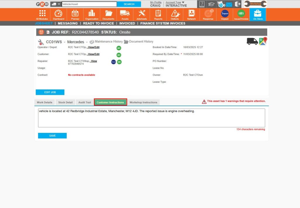 Step 5 - There may also be additional details about the job e.g. for a breakdown on the customer instructions tab.