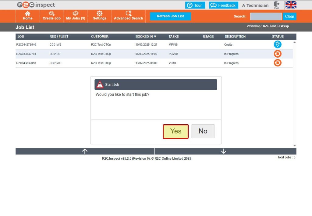 Step 14 – By clicking Yes, the job is automatically marked as in Progress, and ready to be completed.