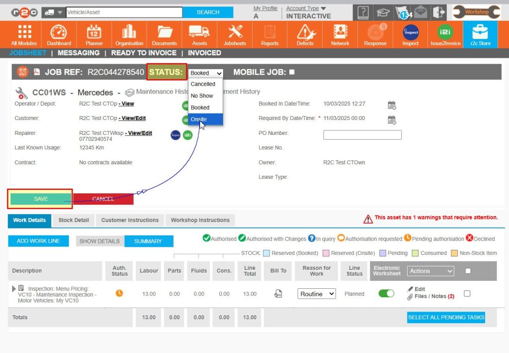 Step 7 - Next, from the job status drop down menu select ‘Onsite’