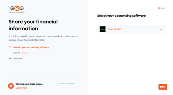Step 2 – Select the Sage 50 accounts package then click 'Next'.