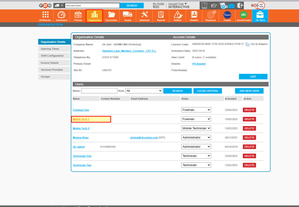 Step 1 - Click the organisation page, and then from the user list, click the name of the relevant user.