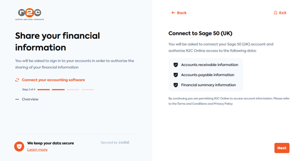 Step 3 - Click 'Next' to confirm you happy to share your data with r2c