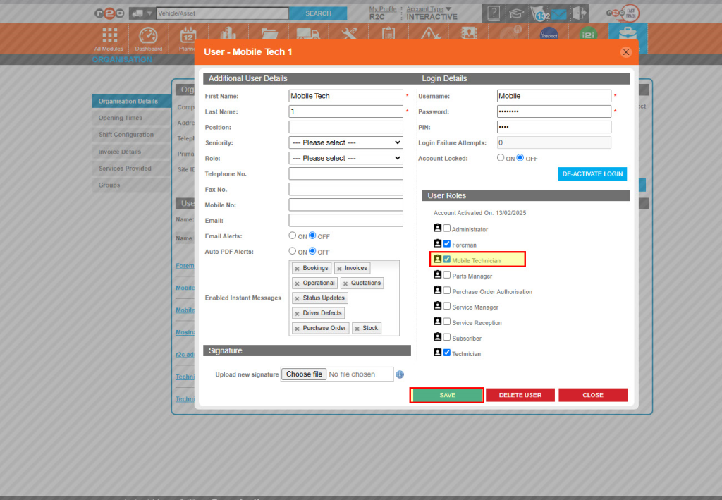 Step 2 - Tick the 'Mobile Technician' role and then Save your changes