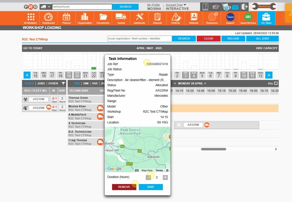 Step 3 – Click on an allocated item to see further options. From the pop-up you can click the job reference number to go to the jobsheet itself. This is also where you can amend the duration and then save your changes. If needed, this is also where you can remove a work item from a technician’s job list.