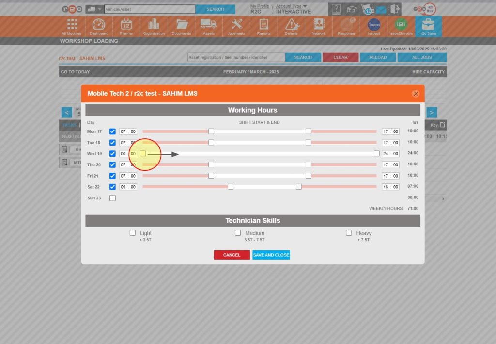 Step 3 – Use the sliders to set the technicians work hours.