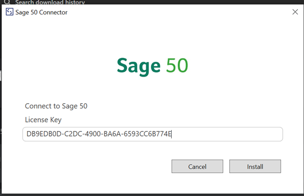 Step 5 - Once downloaded, open the connector and  paste in the license code. Click Install to continue.