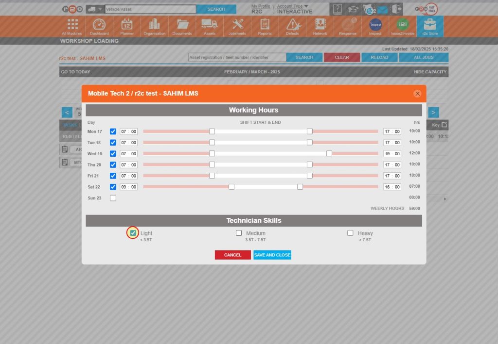 Step 4 – Tick the vehicle weight bands that the technician can work on, click ‘SAVE AND CLOSE’ to save the changes.