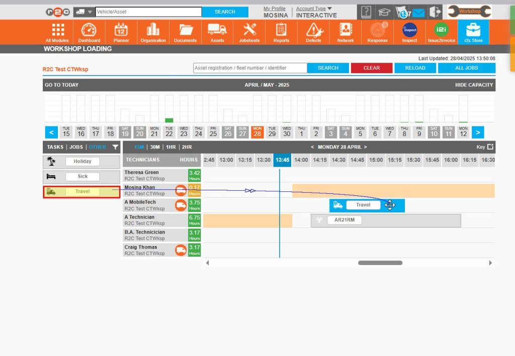 Step 5 – Select an item e.g. Travel and use the drag and drop function to add it to the technician’s timeline.