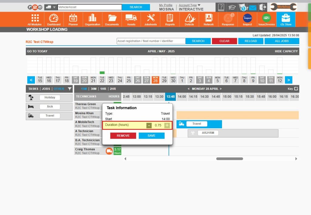Step 7 – Click on the item, in this case ‘Travel’, in the popup box adjust the duration as needed and then Save your changes.