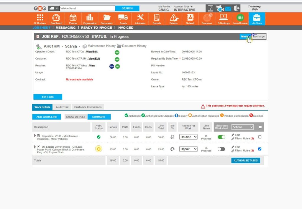 Step 10 - Once customer approval has been received, click ‘Master’ to return to the master jobsheet view. Tick the relevant workline(s), then click ‘Authorise Tasks’. Confirm your action in the on-screen pop-up to complete the process.