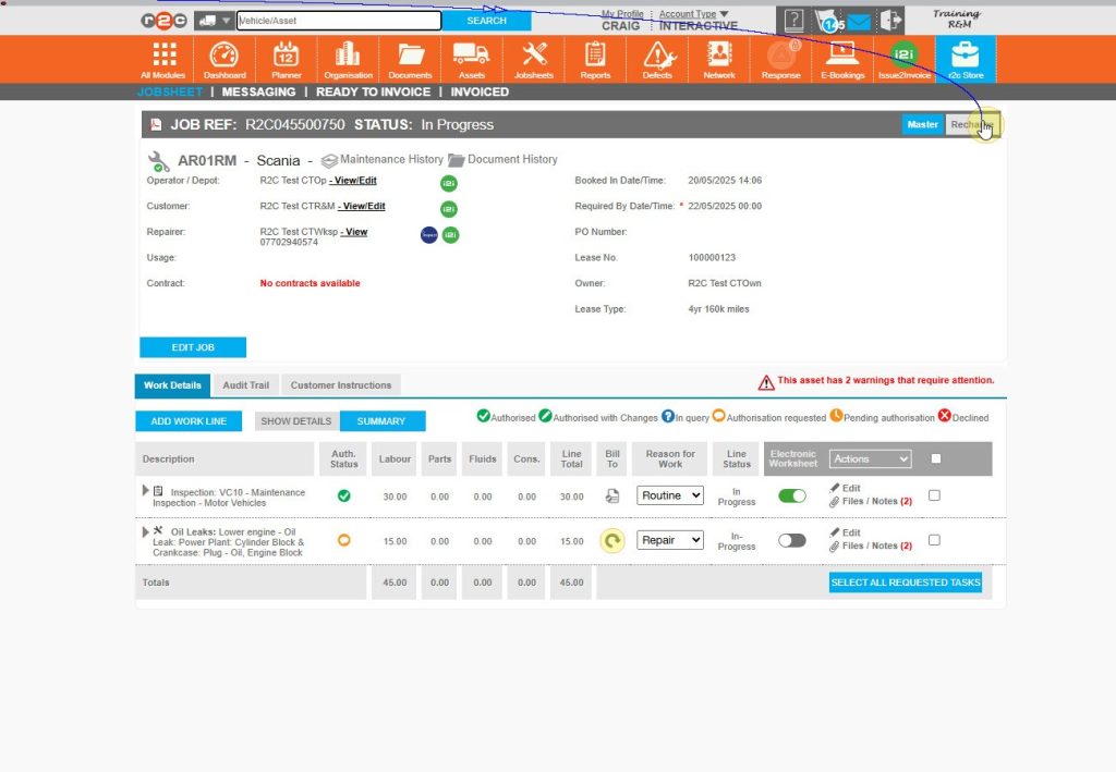 Step 2 - The ‘Bill to’ column will now display the recharge icon. A ‘Recharge Jobsheet’ button will appear. Click ‘Recharge’ to switch to the recharge jobsheet view.