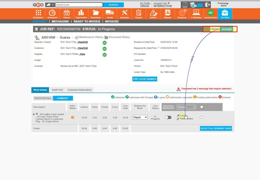 Step 3 - The current view, Master or Recharge, is highlighted blue.