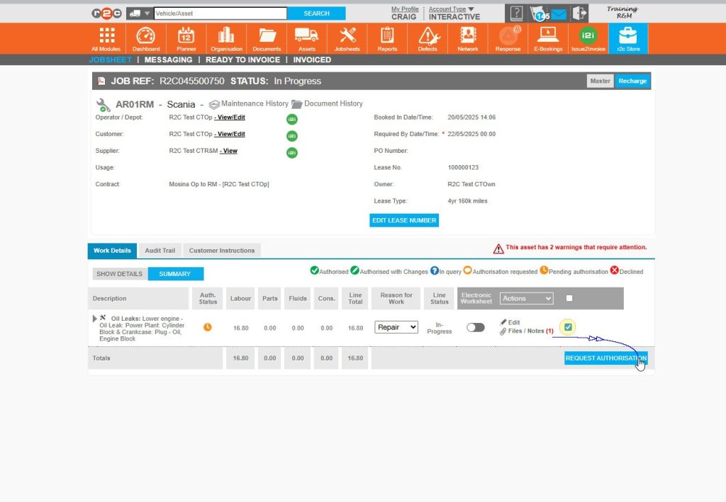 Step 5: Tick the relevant worklines and click the ‘Request Authorisation’ button.