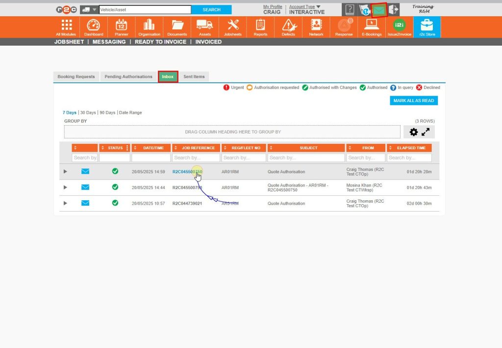 Step 8 - Notifications appear in your inbox within the messaging area. Click the job number in the message to return to the relevant jobsheet.