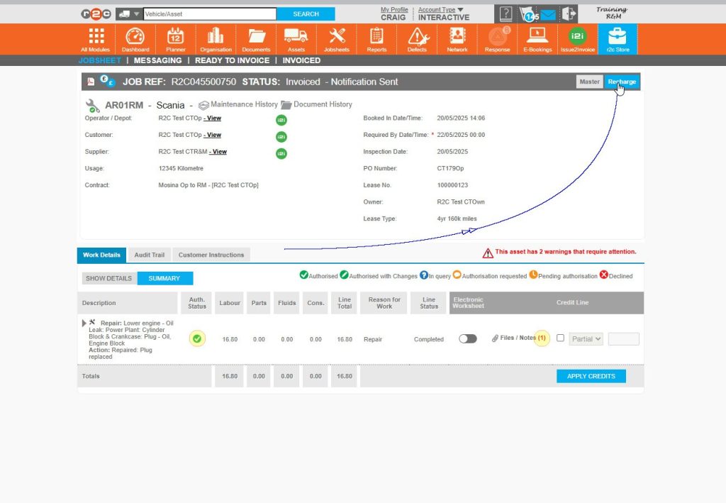 Step 9 - On the jobsheet, click the ‘Recharge’ button to return to the recharge jobsheet view. Review the updated workline, customer comments will be visible in the workline notes.