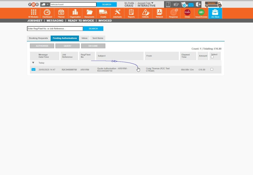 Step 2 – In the messages area, under the ‘pending authorisation’ tab you will see notifications of requests from the R&M provider. Click on a message, to expand and view the details.