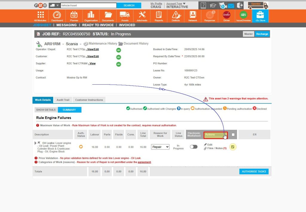 Step 5 – Once on the jobsheet, you can respond to individual items by ticking the check box and then clicking on the ‘Authorisation’ drop down menu.