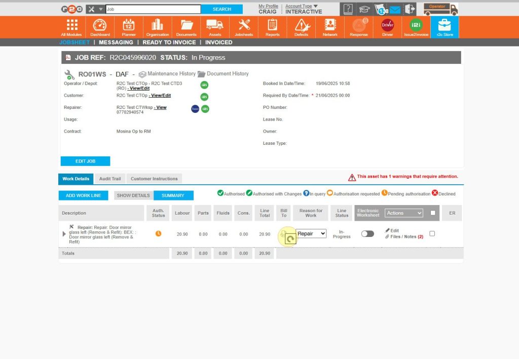 Step 1 - Click the ‘Bill to’ icon, on the relevant workline then click the recharge arrow to mark it for recharge.