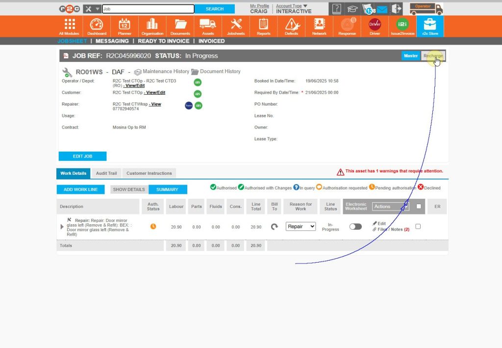 Step 2 - The ‘Bill to’ column will now display the recharge icon. A ‘Recharge Jobsheet’ button will appear. Click ‘Recharge’ to switch to the recharge jobsheet view.