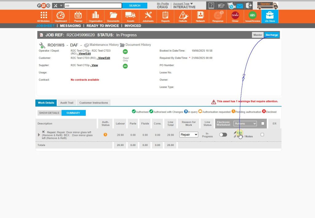 Step 3 - The current view is highlighted in blue. Click ‘Edit’ on the workline to modify the costs.