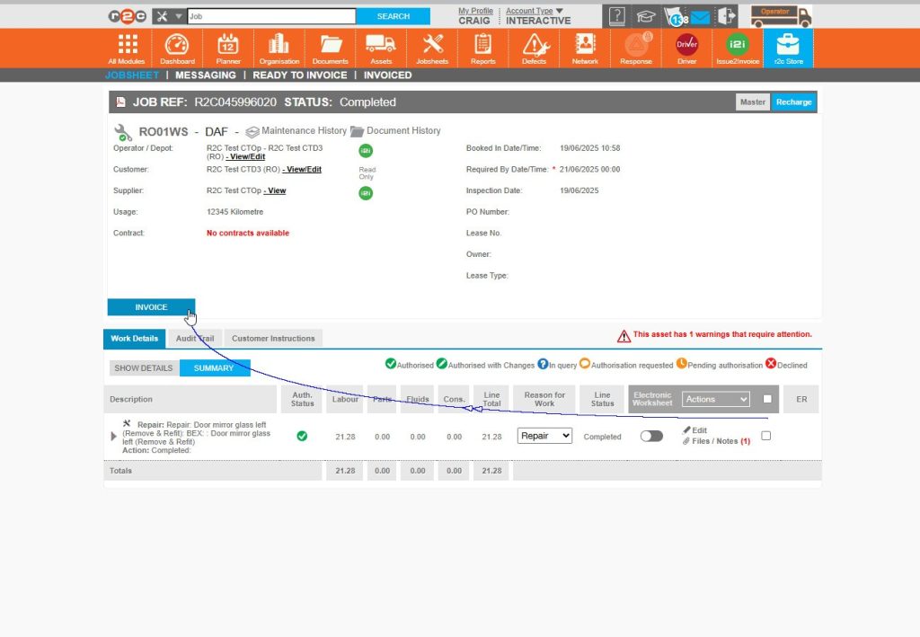 Step 5- Once the Master jobsheet has been completed, the recharge can be marked as invoiced.