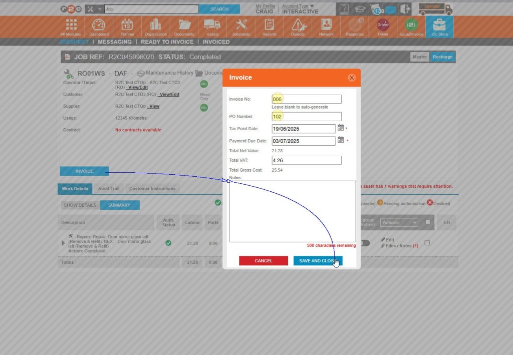 Step 6 – In the pop-op box you can add the Invoice number and the PO number if provided. Once done, click ‘SAVE AND CLOSE’